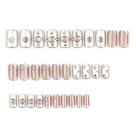 30PCS Cat Eye Square Press on Nails Short Fake Nails with Steel Beads Design Brown Rhinestone False Nails Full Cover Glossy Glue on Nails for Women Stick on Nails Finger Manicure