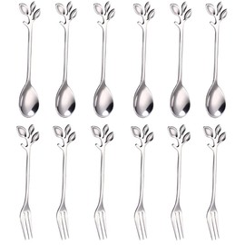 12 Pieces Tea Sugar Spoons, Stainless Steel Dessert Coffee Tea Spoon, Stainless Steel Tea Fork, Appetizer Dessert Forks, Including 6 Spoons and 6 Forks, for Kitchen Tea Parties and Coffee Shops