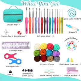 Yarniss Crochet Kits for Beginner, All-Inclusive Crochet Kit for Adults with 14 Size Ergonomic Crochet Hooks,12 Crochet Yarns Bundles & Crochet Storage Bag