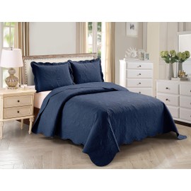 Home Collection Over Size Elegant Embossed Bedspread Set Light Weight Solid Color New (Navy Blue, King/Cal King)