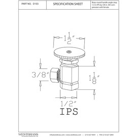 Westbrass Round Handle Angle Stop Shut Off Valve, 1/2" IPS Inlet with 3/8" Compression Outlet, Polished Brass, D103-03