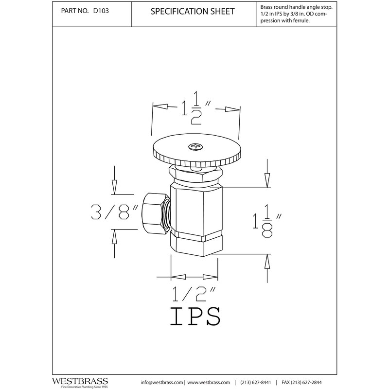 Westbrass Round Handle Angle Stop Shut Off Valve, 1/2" IPS