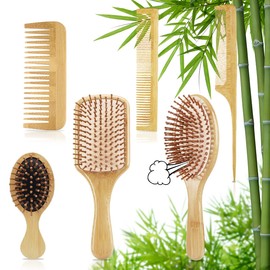 Peine de Madera Bambu, Peine para Masaje con Bolsa De Aire Antiestático, peines para cabello mujer, Cepillo para Cabello, Apto para cabello rizado, seco y liso, para hombres y mujeres (Amarillo 6 pcs)