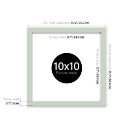 Almost Frameless 10x10 Mint Green Picture Frame 10"x10"(25.4x25.4cm) Poster, Photo, Artwork, or Print. Thin Edge Slim Frame Portrait and Landscape Display with Wall Hooks