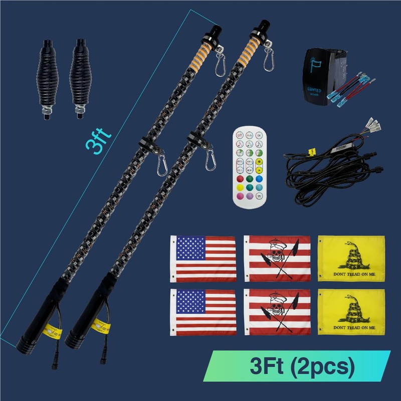 2 Pack 3ft LED Whip Lights with Warning Light, Spring