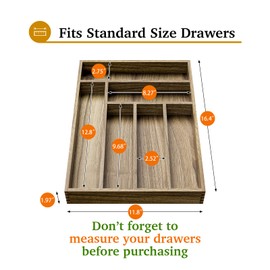 Kiasthome Acacia Wood Silverware Drawer Organizer, Kitchen Utensil Cutlery Drawer Organizer with Dividers, Flatware Organizer, Silverware Tray Holder for Spoons, Forks, 11.8''x16.5'' (6 Slots)