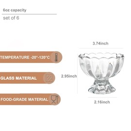 DNIENKGE Iced Cream Dessert Bowl，Set of 6，6oz Vintage Glass ware with Heavy Base, Drinking Cup for Sundae, Fruit, Ice Cream, Snack, Condiment (6)