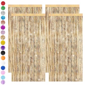 Champagne Gold Tinsel Curtain Glitter Party,4pcs 3.2ft x 6.5ft Foil Curtain Decorations,Foil Fringe Streamers Metallic Tinsel Door Hanging Foil Flow Silk Streamers for Birthday Wedding Holiday Party