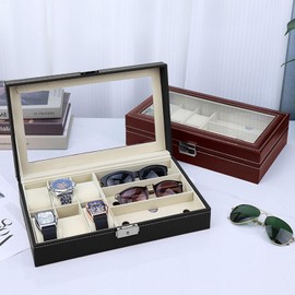 UVKDEENK 2 Pack Travel Watch Case, Leather Sunglasses Eyewear Storage Organizer Glasses Holder, Jewelry Box for Watch Band Sunglasses Display (Black+Brown)