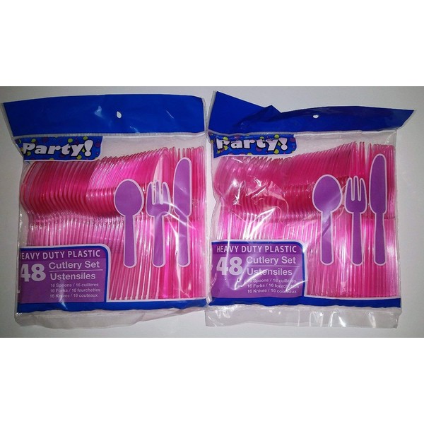 Heavy Duty Plastic Pink Opaque Disposable Flatware - 96 pcs, 32 Spoons, 32 Forks, 32 knives