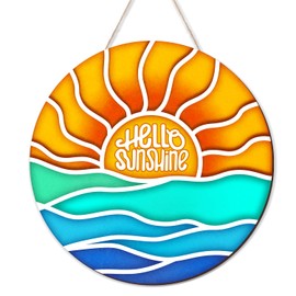 Hello Sunshine Door Sign Summer Decor Wreaths for Front Door Wreath Wooden Sign hanger for Pool Farmhouse Porch Home Summer Wall Decorations (Blue)