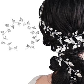QUUPY Bridal Wedding Hair Vine Crystal Bride Head Piece Leaf Shape Hair Vine Wedding Hair Styling accessories for Women and Girls(Silver)