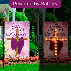 He Is Risen Easter Garden Flags with LED Lights Easter Cross Religious Garden Flag Lighted Easter Garden Yard Flag He Is Risen Cross Yard Sign Double Sided Christian Easter Yard Flag Outdoor Decor