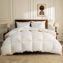 BPC Organic Feather Down Comforter Queen Size, Fluffy Duvet Insert for All-Season with 100% Cotton Cover and Puffy Feather Down Filling, Ivory White, 90x90 Inches