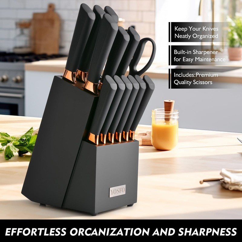 YOSFO Kitchen Knife Set,15 Pcs Knife Set with Block and