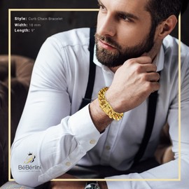 BEBERLINI Cuban Link Bracelet 14K Gold Plated Curb Chain 9" Stainless Steel Fashion Jewelry For Men 18 mm