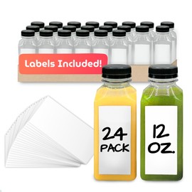 Reli. Plastic Juice Bottles [24 Pack] [12 oz] Square Plastic Juice Bottles with Caps & Sticker Labels | Clear, Empty for Juicing 12oz | Disposable, Reusable Containers for Juicing, Smoothies