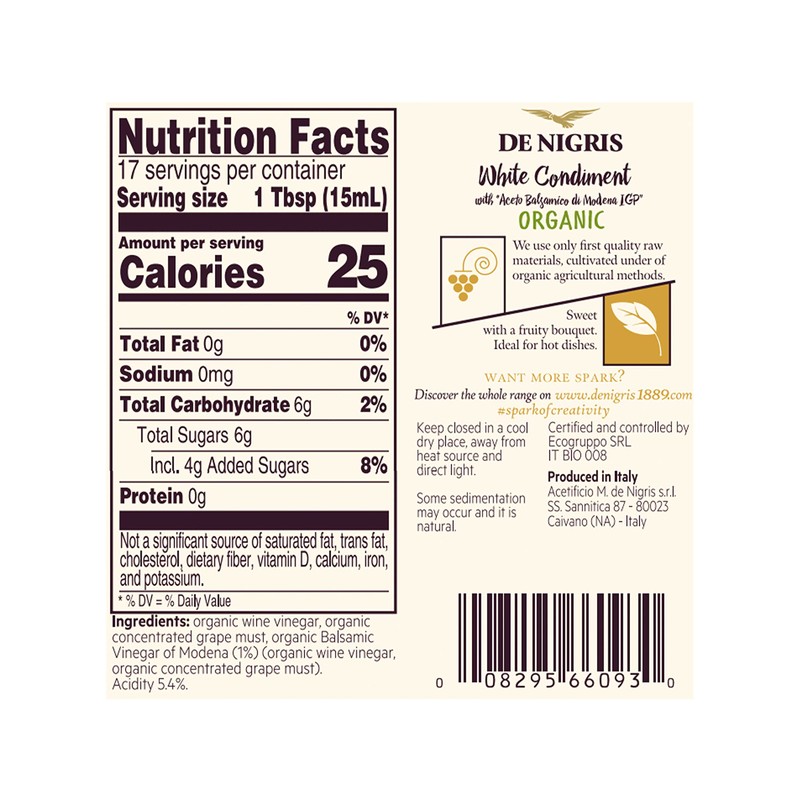 De Nigris Premium Organic White Wine Vinegar With Balsamic Vinegar