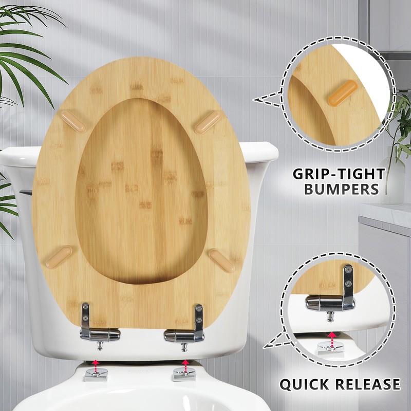 Elongated Bamboo Toilet Seat with Lid Quick Release Slow Close