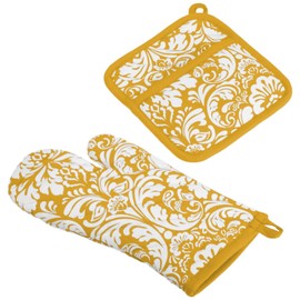 DII Cotton Damask Oven Mitt 12 x 6.5 and Pot Holder 8.5 x 8 Kitchen Gift Set, Machine Washable and Heat Resistant for Cooking and Baking-Mustard