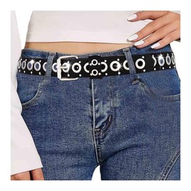 Obmyec Grommet Leather Belt Black Waist Belts for Women Punk Rock Style Studded Holes Belt for Men (Black)