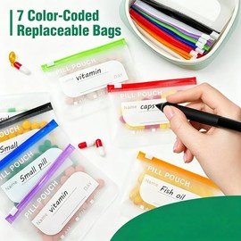 Waterproof Pill Pouch Set, Pill Organizer Binder with 14 Color-Coded Removable Bags, A8 Waterproof Pill Pouches with Crush-Resistant Shell for Travel, Portable Reusable Binder Design (Black)