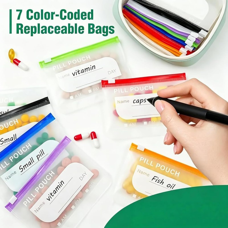 Waterproof Pill Pouch Set, Pill Organizer Binder with 14 Color-Coded