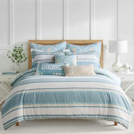 Levtex Home - Kailua Comforter Set - Full/Queen Comforter (90x94in.) + Two Standard Pillow Cases (20x26in.) - Stripe - Blue Teal Taupe Cream - Cotton