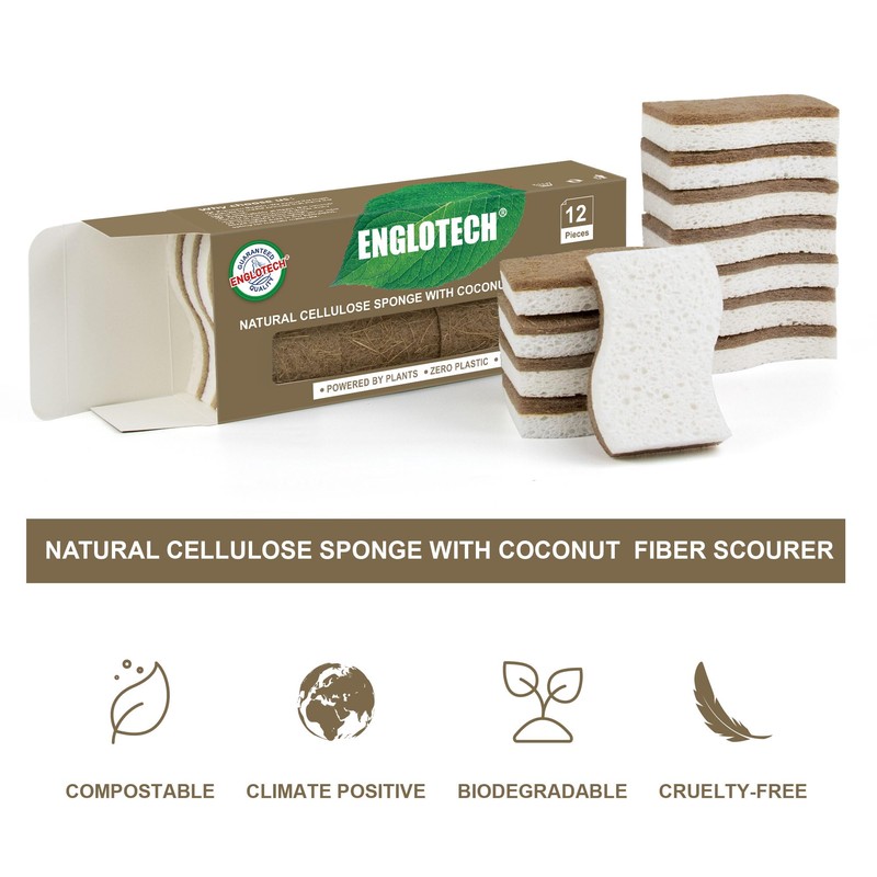 12 Pack Biodegradable Eco Sponges Washing Up,Natural Cellulose and Coconut