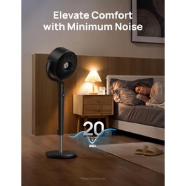 Dreo Fan for Bedroom, 120° Oscillating Standing Fan, Quiet Floor Fan with DC Motor, Pedestal Fan for Room, 8 Speeds, 3 modes, 20dB, 120° Manual Vertical, 35-40" Adjustable Height, 8H Timer, Black