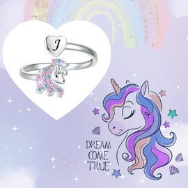 zaxsj Sterling Silver Initial Unicorn Ring 925 Adjustable Cute Cubic Zirconia Rainbow Initial letter Unicorn Rings for Women Daughter Granddaughter Gifts Jewelry (J)