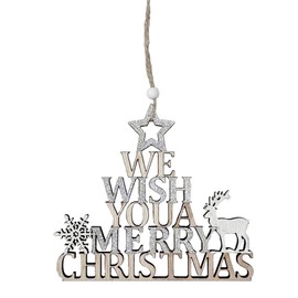Christmas Wooden Merry Christmas Hanging Sign with Reindeer and Snowflake design (Silver Glitter 7949)