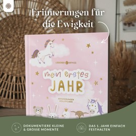 Lebenskompass® Baby Album My First Year "Unicorn" with Over 75 Stickers and Saying Card Extra - A Baby Book to Enter - The Baby Diary & Memory Book for Girls and Boys