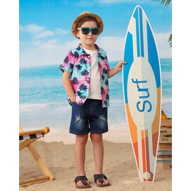 Coco&RARA Toddler Baby Boy Clothes Summer Beach Outfits Hawaiian Short Sleeve Button Down Shirts+Denim Shorts Casual Set (Colorful - Palm Trees, 12-18M)