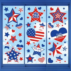 Whaline 9 Sheets 206Pcs 4th of July Window Clings Red Blue White Star Heart Shape Patriotic Window Decals Double-Sided Window Decor for Independence Day Home School Office Decor