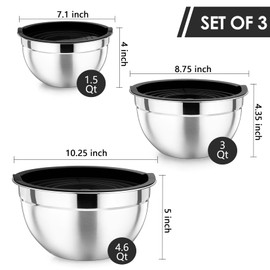 P&P CHEF Black Mixing Bowls with Lids, Set of 3, Stainless Steel Salad Nesting Bowl for Mixing, Storing, Prepping, Airtight & Stackable, Size 4.6/3 /1.5 QT