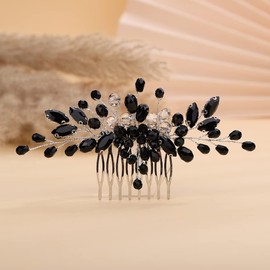 Rumtock Black Rhinestones Beads Black Hair Comb Side Headpiece for Wedding Brides Women Girls Handmade Hair Accessories (Black Silver)