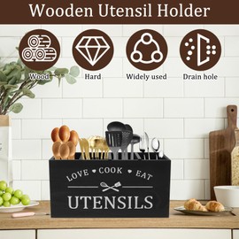 RdjEokf Wooden Utensil Holder, Sturdy Kitchen Cooking Utensil Organizer, With 4 Compartment and Drainage Bottom Flatware Organizer, Wood Cooking Utensil Stand, For Kitchen Countertop (Black)