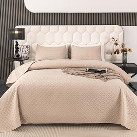 FLYMME Beige King Quilt Bedspreads, 3 Pieces Lightweight Bedding Sets with Pillow Shams, Microfiber Quilted Comforter Coverlet for All Season (1 Quilt, 2 Shams)