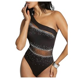 OYOANGLE Women's One Shoulder Contrast Mesh Sheer Bodysuit Rhinestone Glitter Party Leotard Black and Silver Medium