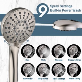 BRIGHT SHOWERS Rain Shower Head with Handheld Spray Built-in Power Wash, High Pressure Dual Shower Head with Adjustable Extension Arm, 3-Way Diverter, 9-Mode Handheld, 69” Long Hose, Brushed Nickel