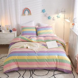 ZBOOM Girls' Bed Linen 135 x 200 cm Colourful Children's Bed Linen Multicoloured Rainbow Stripes Pattern Duvet Cover Zip with Pillowcase 80 x 80 cm