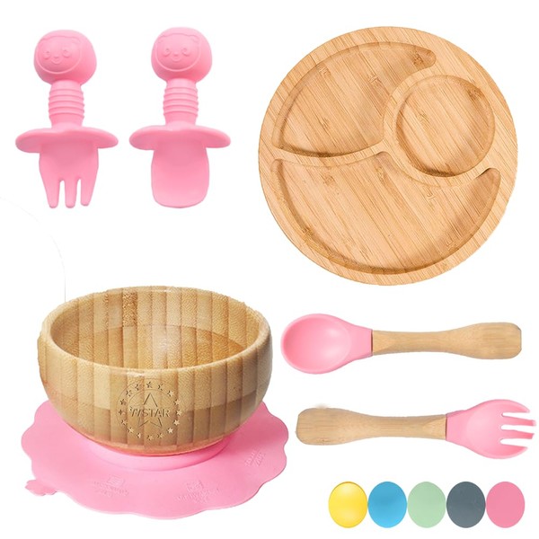 77 Star Bamboo Baby Weaning Set, Baby Suction Bowl, Suction Plate Baby, Spoon & Fork, Strong Detachable Suction Base Baby Feeding Set, Non-Slip Bamboo Bowl & Baby Plates with Suction (Pink)