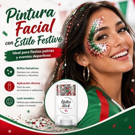 Pintura Facial con Bandera de México, Glitter Stick Mexico Reutilizable para Cuerpo y Cabello, Ideal para Fiestas Patrias, Eventos Deportivos, Halloween, Mardi Gras y Disfraces (2pcs A)