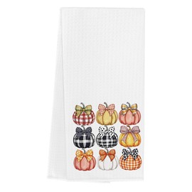 WINGTECA Plaid Bow Pumpkin Fall Kitchen Towels Fall Kitchen Decor for Home Seasonal Autumn Thanksgiving Harvest Gifts Waffle Weave Dish Tea Hand Towels for Farmhouse Kitchen Bathroom 14 x 23 Inches