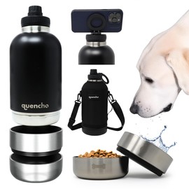 Quencho 64oz Portable Dog Water Bottle for Hiking Travel Camping | 4-in-1 Stainless Steel Pet Water & Food Bowl Dispenser with Case & Strap