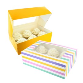 Baked with Love 650214 6/12 Cupcake Box, Twin Pack, Bold Stripes & Yellow Windowed to Carry Tasty Treats, Includes Dual Insert for 6 Standard Cupcakes or 12 Mini Cupcakes, Pack of 2 Boxes