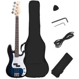 OLAKIDS Electric Bass Guitar Beginner Kit Full Size 4 String Exquisite Paulownia Burning Bass with Strap, Gig Bag, Amp Cord and Accessories (Blue)