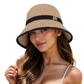 Acado Women Straw Sun Hat - Summer Wide Brim Summer UV Protection Beach Hat Foldable Packable Crochet Bucket Hat for Outdoor Travel Khaki