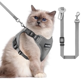 Cat Harness and Leash Set for Walking Escape Proof, Adjustable Soft Kittens Vest with Reflective Strip for Cats, Comfortable Outdoor Vest, Cat Car Leash, Grey, M